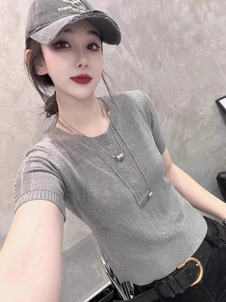 

Slim Fit round Ne ort Sve Knit T-irt Casual Sle Pure Color Korean Version Women's Top Comfortable Breathable Summe...