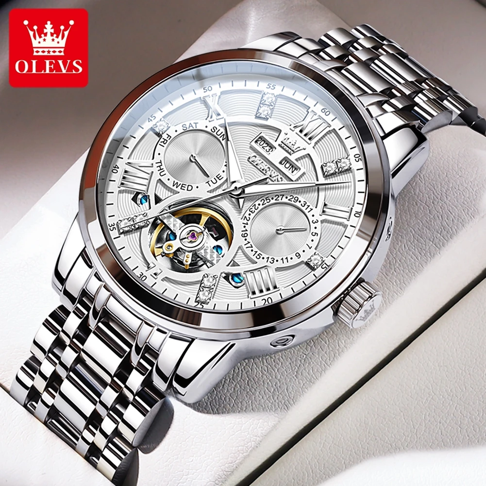 

OLEVS Luxury Skeleton Flywheel Automatic Watch for Men Stainless Steel Waterproof Luminous Calendar Business Top Man Wristwatch