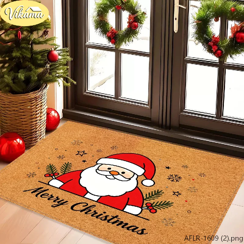 VIKAMA Xmas Santa Welcome Mat Holly Branch Star Non Slip Washable Entrance Mat Indoor Outdoor 2027 Christmas Home Decor