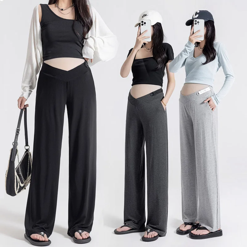 

8335# Summer Thin Soft Modal Maternity Long Pants Across V low Waist Belly Loose Straight Trousers for Pregnant Women Pregnancy