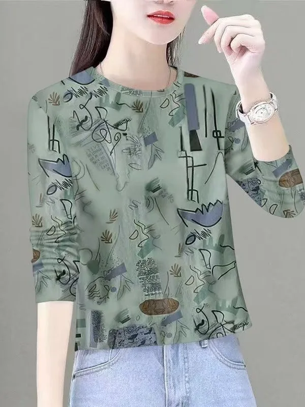 

Casual Long Sleeve Printed T-Shirt Women's round Neck Slimming Versatile Anti-Aging Mom Casual Top Fashionable Design Sense