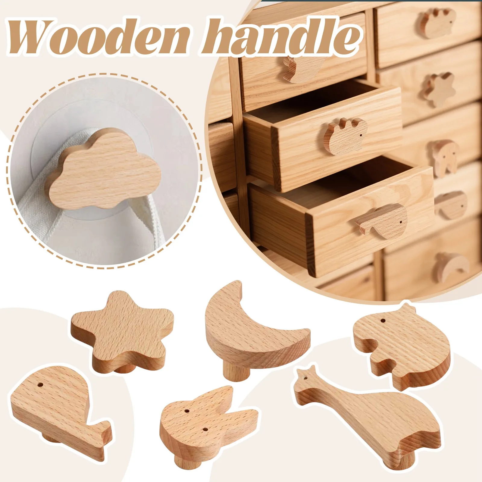 

Punch-free Sticky Wooden Cabinet Pulls Children's Room Cartoon Cabinet Door Cabinet Drawer Single Hole Solid Wood Handle