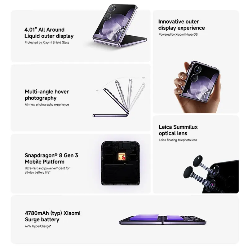 Global Version Xiaomi MIX Flip Smartphone 12GB RAM 512GB ROM Snapdragon 8 Gen 3 CPU 50MP Leica Camera Foldable Display