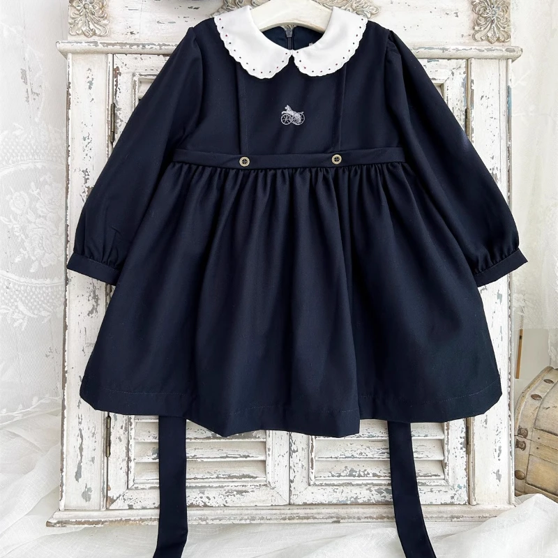Vintage Embroidered Flower Long-Sleeved Dress for Girls Navy Blue Handmade Kids Boutique Sweet College Style Autumn Dress
