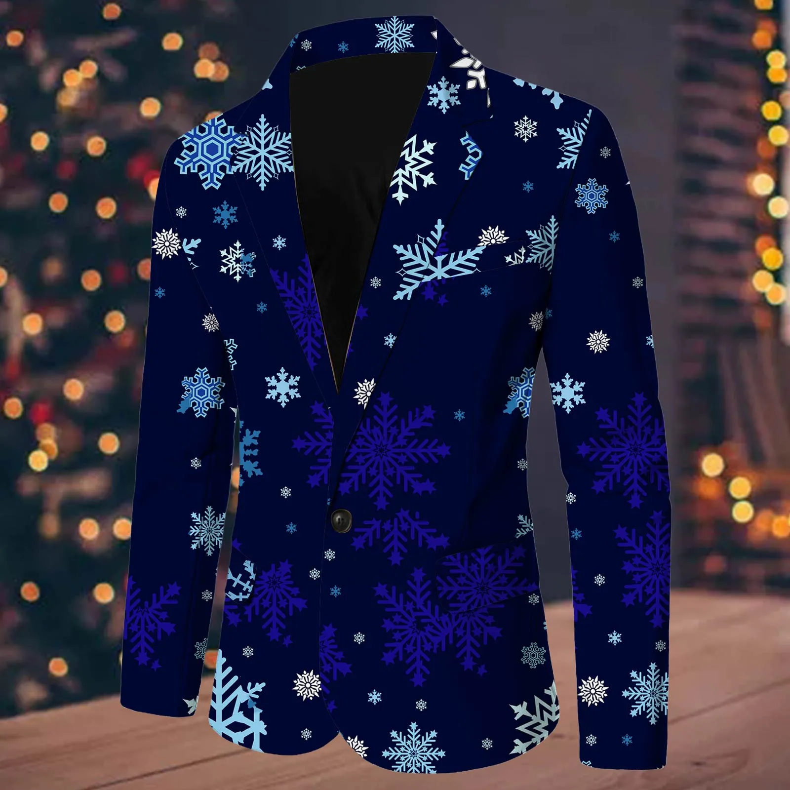 Christmas Snowflake Santa Printed Blazers Men\'s Coats With Pocket Lapel One Button Loose Casual Fashion Male Suit Jackets