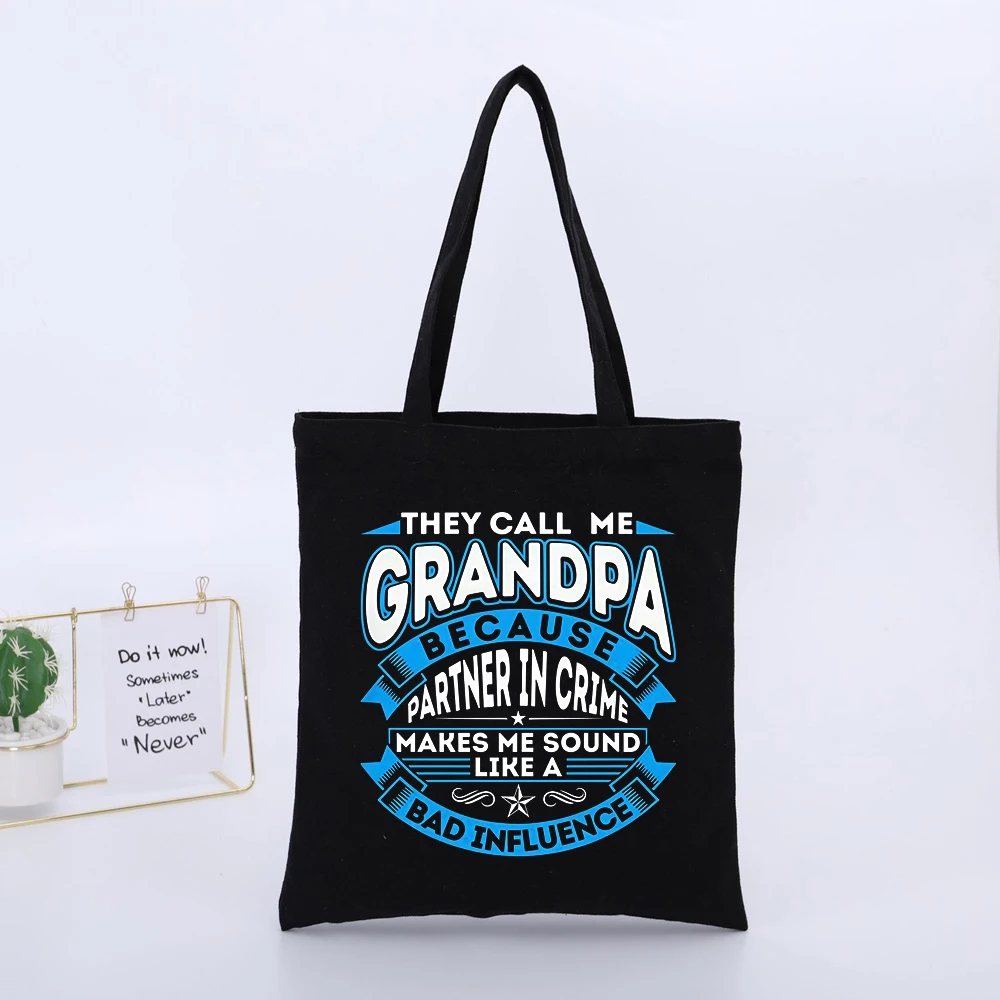 Grandpa's Slogan Print Black Canvas Tote Bag, Casual Style for Daily Shopping and Weekend Outings