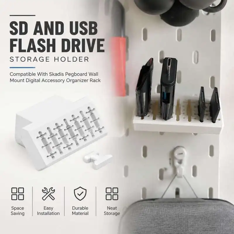 SD And USB Flash Drive Storage Holder Compatible With Skadis Pegboard Wall Mount Digital Accessory Organizer Rack
