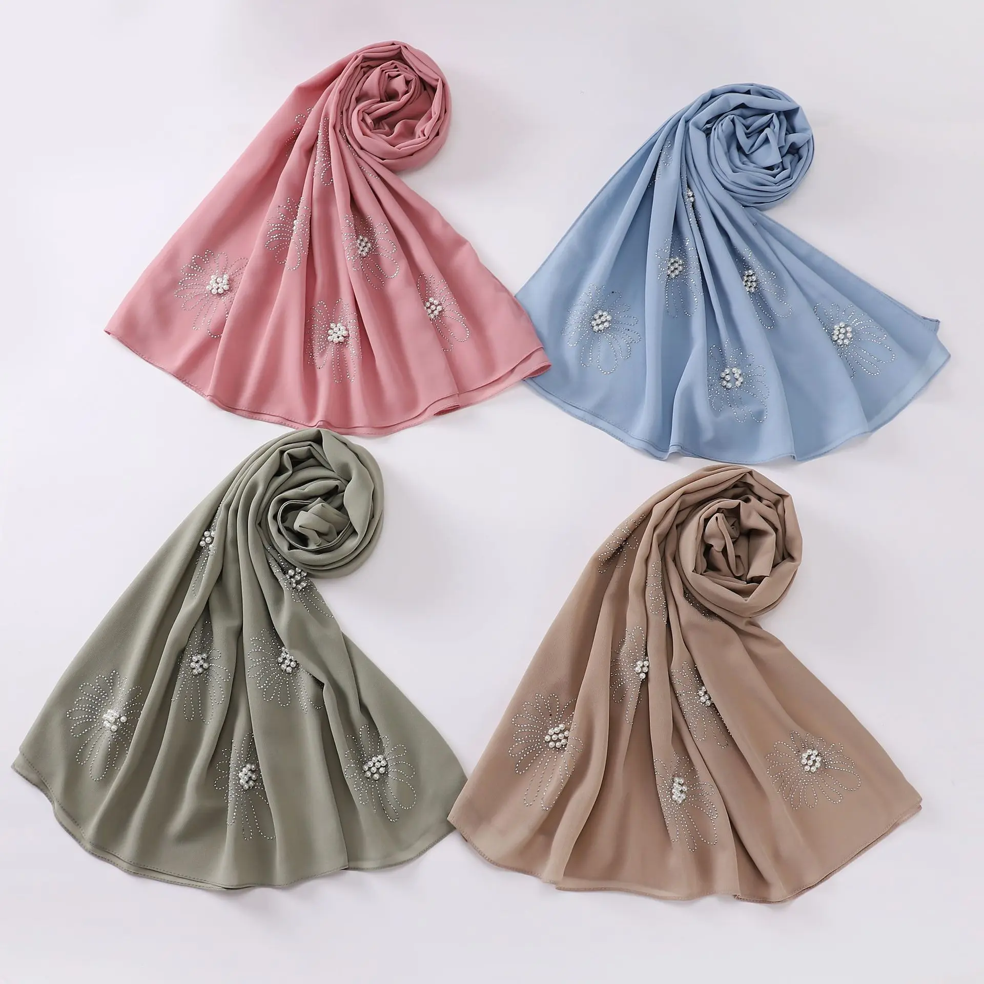 Perle Chiffon Blume Lange Schal Perle Hijab Muslimischen Kopftuch Frauen Islam Stola Schal Wrap Schleier Bandanas Bufanda Foulard Schals