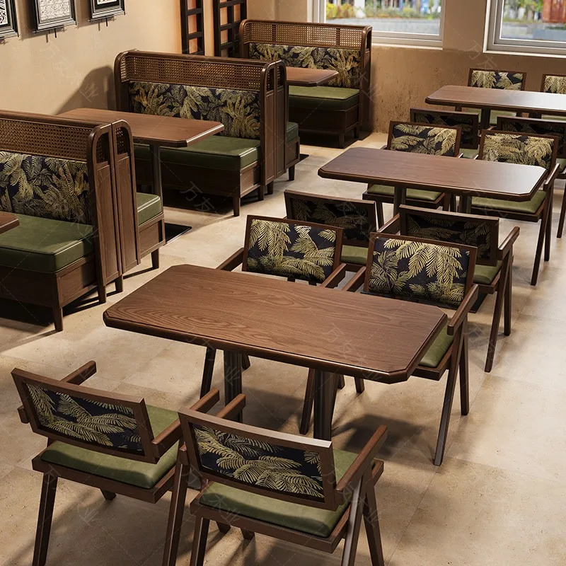 Foshan factory retro restaurant table and chair combination tea restaurant hotel cafe wall card seat sofa dining table commercia