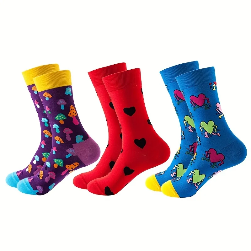 1 Pair Colorful Mushroom Heart Print Fahion Funny Novelty Street Style Mid Tube Unisex Socks Suit In All Seasins