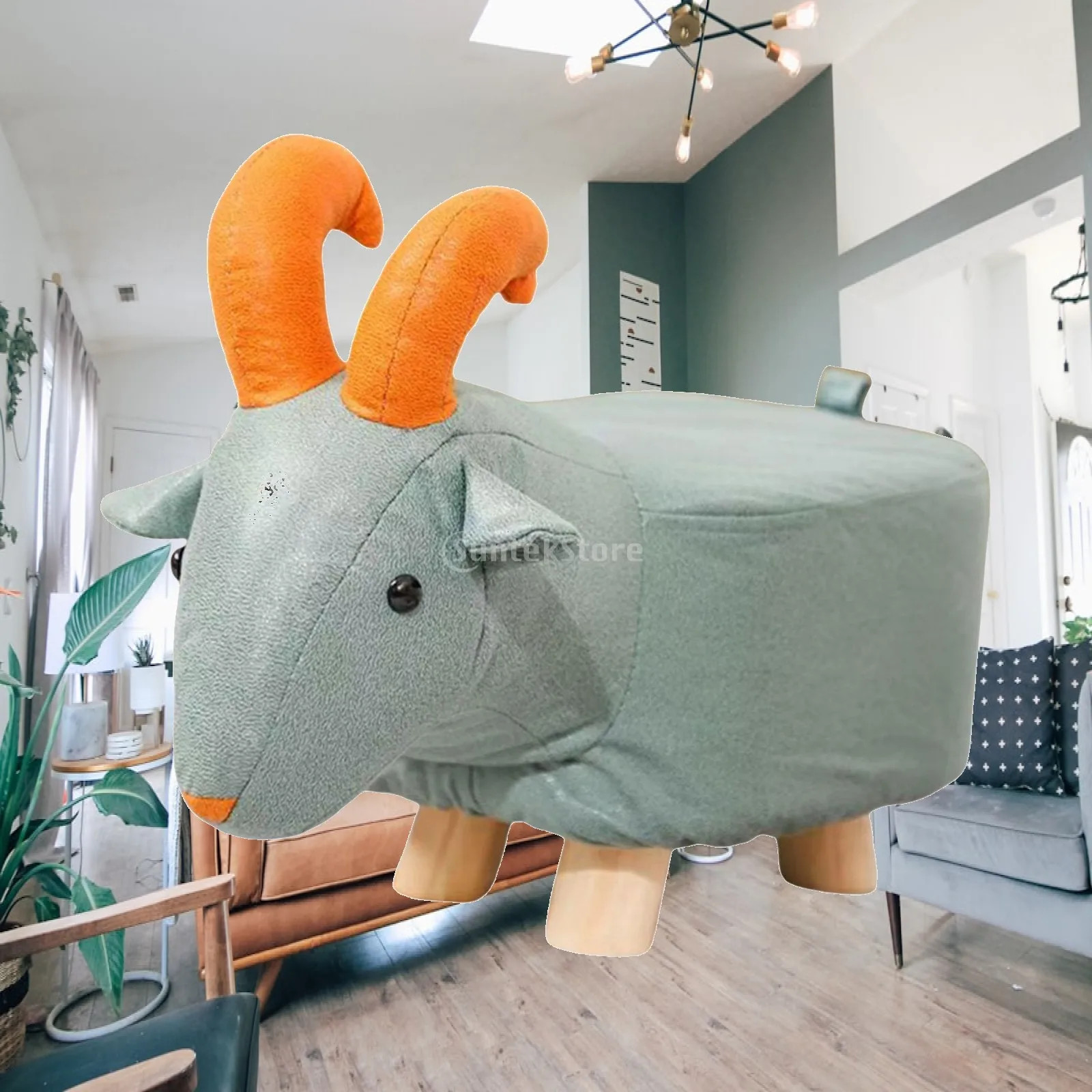 Elephant Animal Shaped Foot Stool Cushioned Kids Ottoman Wooden Mini Seat Bench Stool for Nursery Living Room