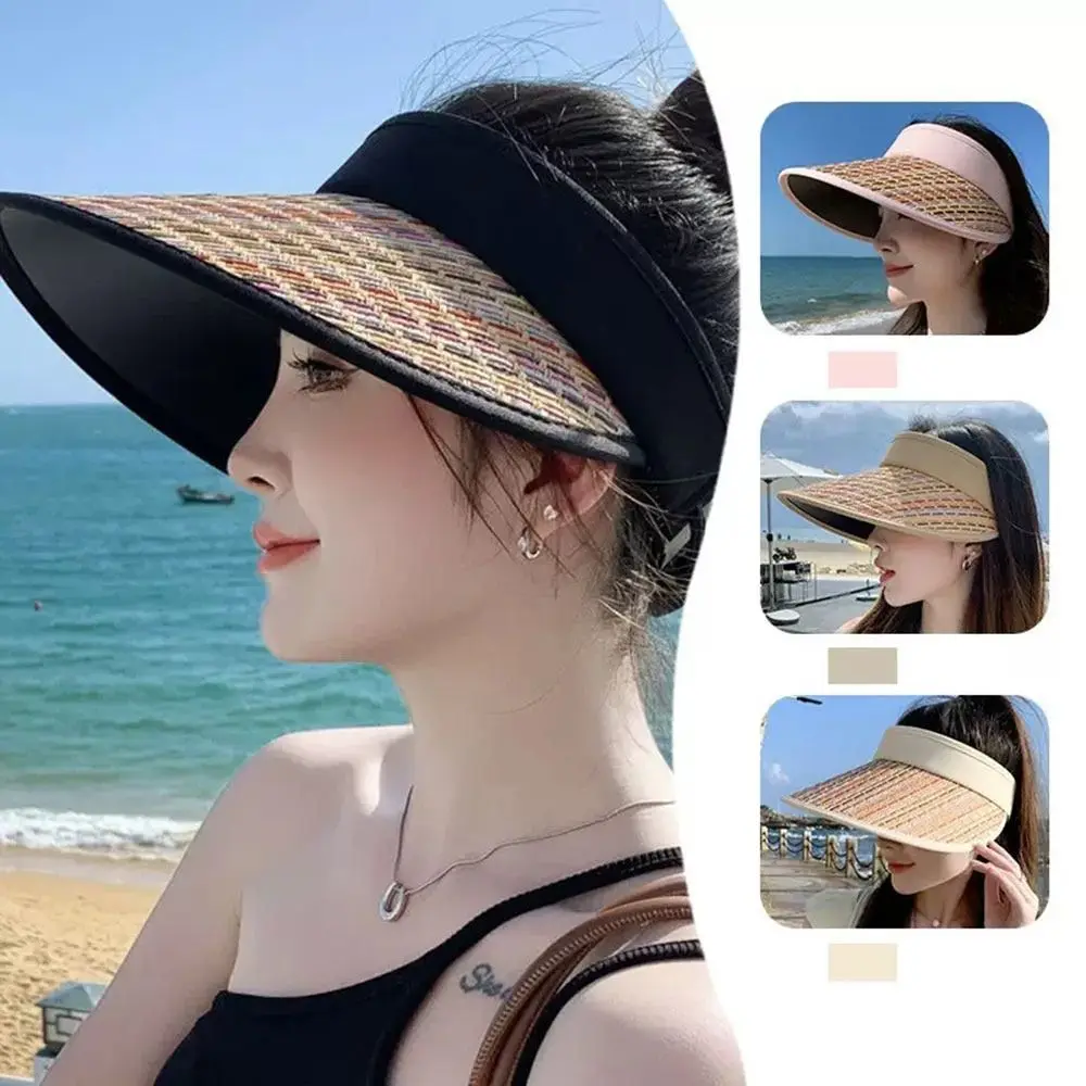

Rainbow Weaving Women Sunshade Hat Spring Summer Anti-UV Empty Top Straw Hats Wide Large Brim Foldable Outdoor Sun Hat
