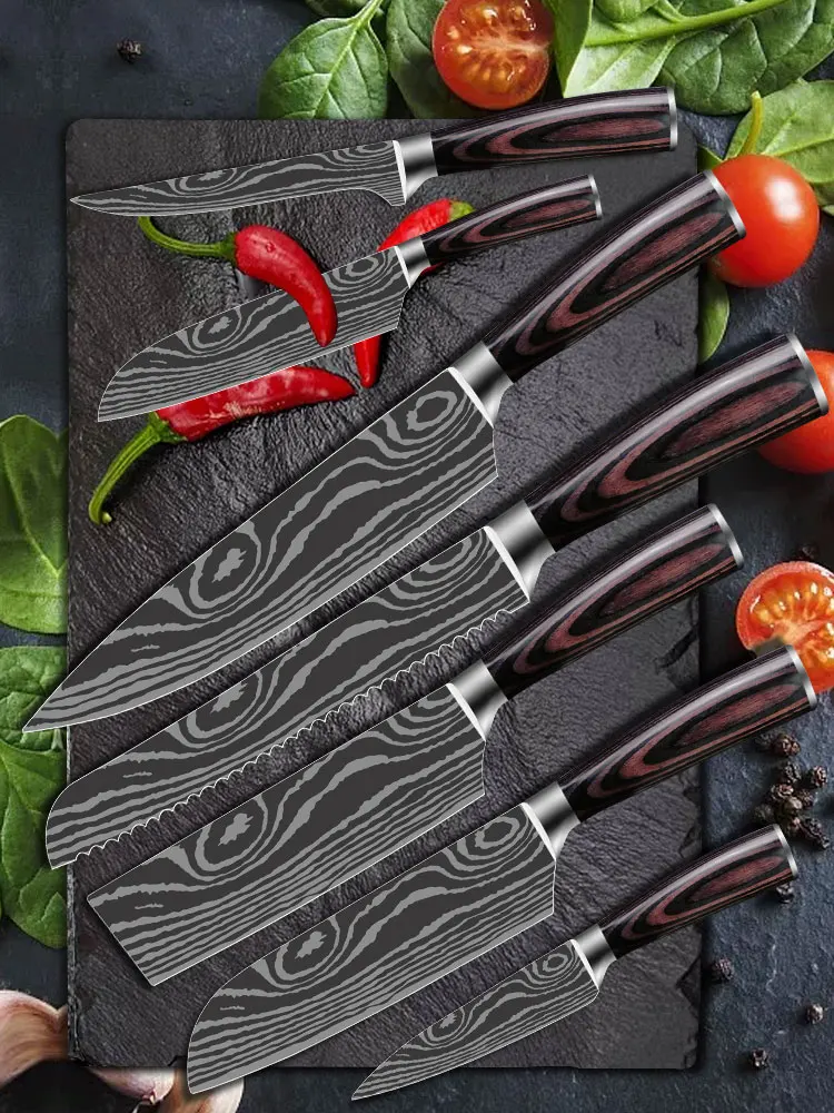 Küchenmesser-Set aus Hochkarbon-Edelstahl mit Damast-Effekt: Gyuto, Hackmesser, Tranchiermesser, Santoku-Messer, Kochmesser