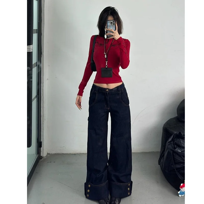 Blue Jeans Women Y2K Hip Hop Fashion Vintage High Waisted Cargo Jeans Streetwear Casual Loose Pockets Girl Wide Leg Denim Pants