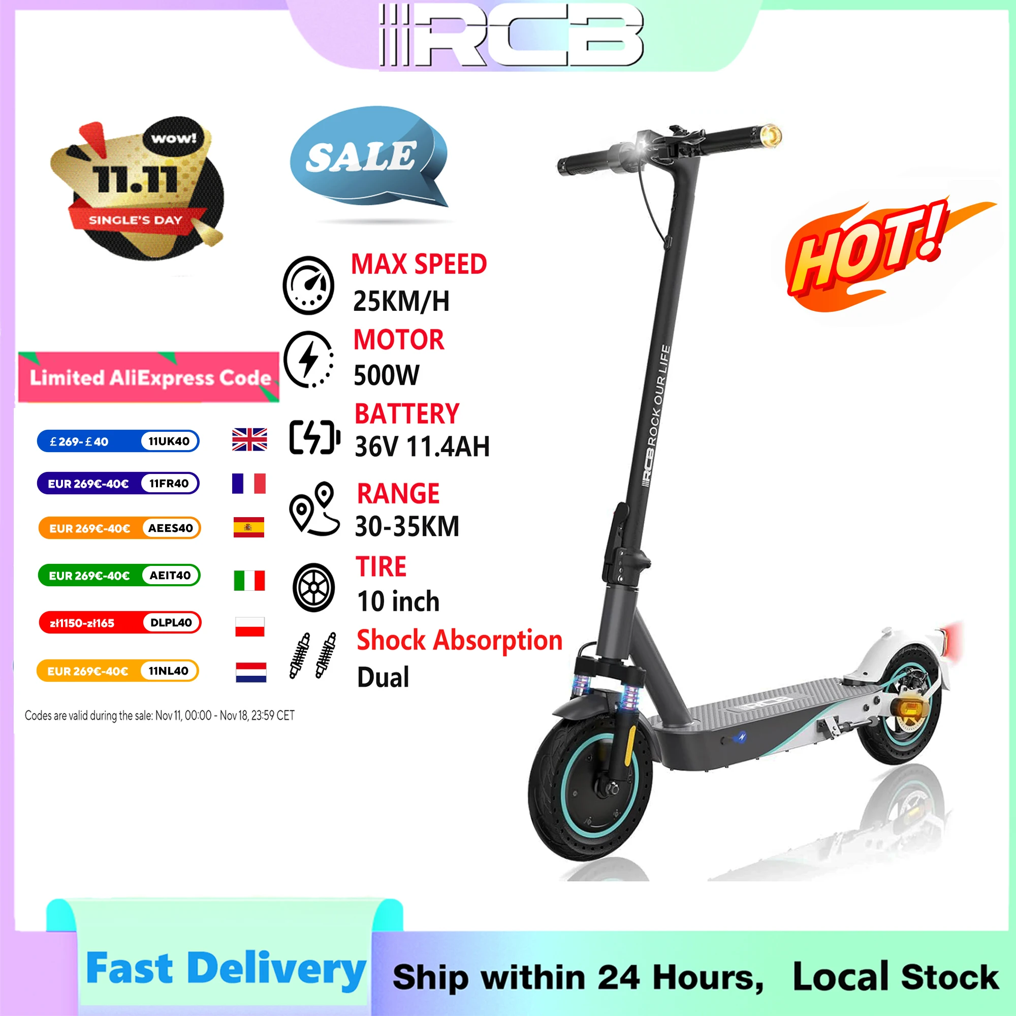 RCB Electric Scooter, 500W Motor, 11.4AH, 10'' Solid Tires, Max Load 120 kg, 3 Speed Settings Foldable,  Double Shock Absorbers