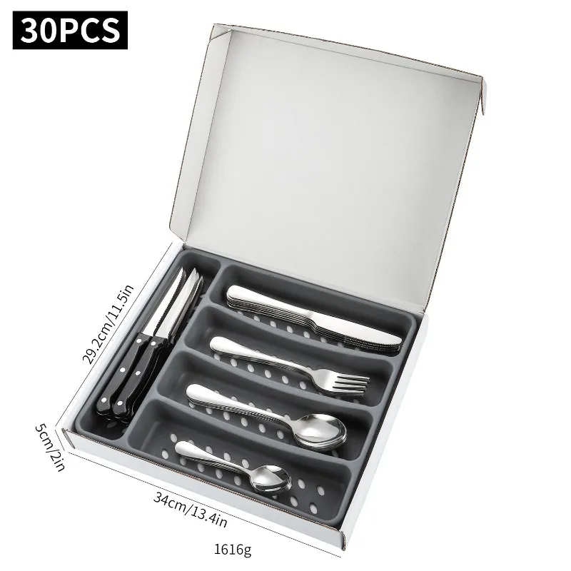 30Pcs Thickened Stainless Steel Tableware Set, Steak Knife Fork Spoon Combo for Home Kitchen Restaurant
