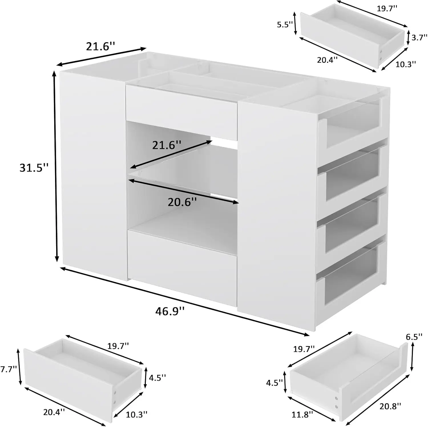 Closet Island with 12 Drawers, Glass Top & Display Shelves, White
