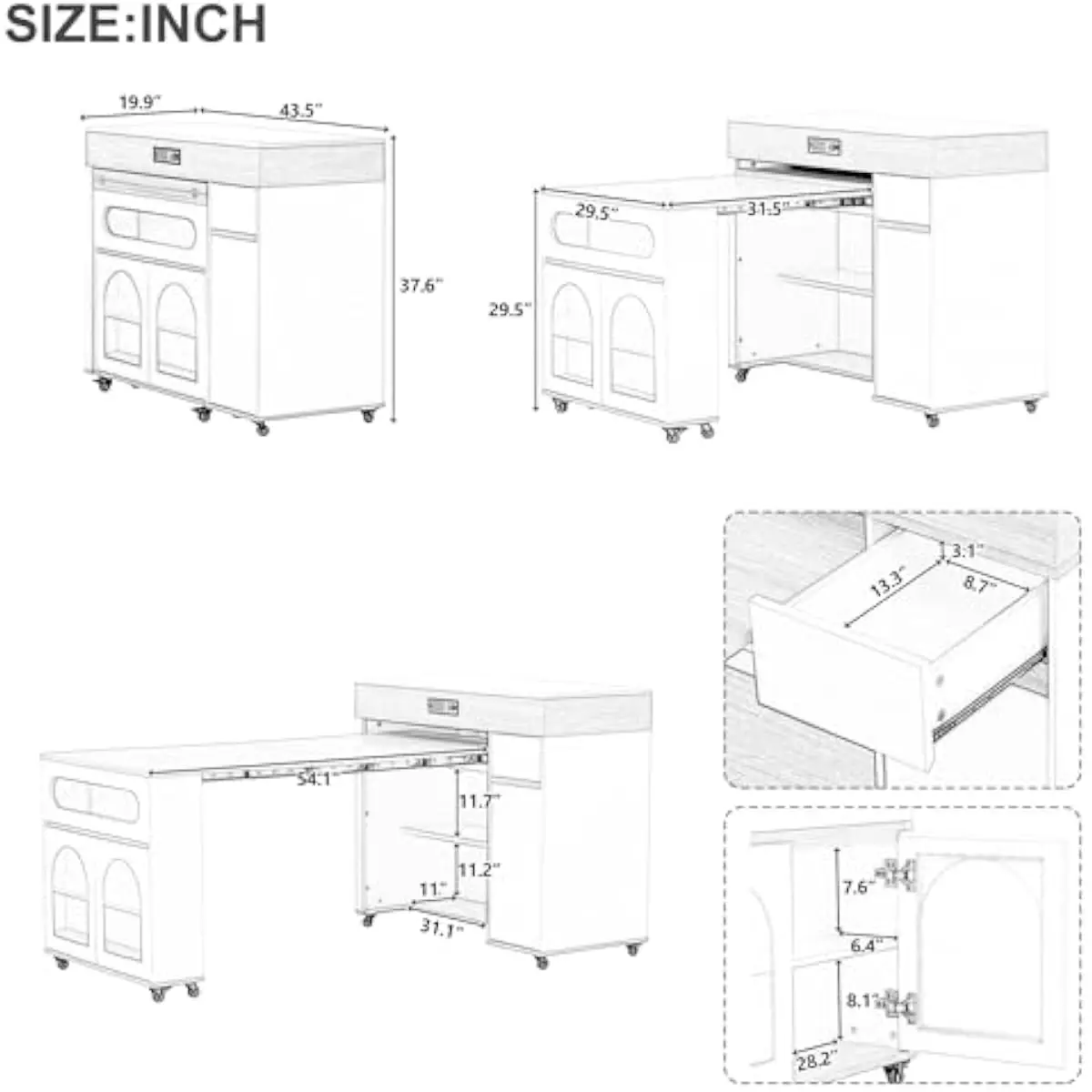 Rolling Extendable Kitchen Island with Tiered Glass-Door Storage Cabinet Drawers and Brake-Lock Casters for Dining Prep or Open-
