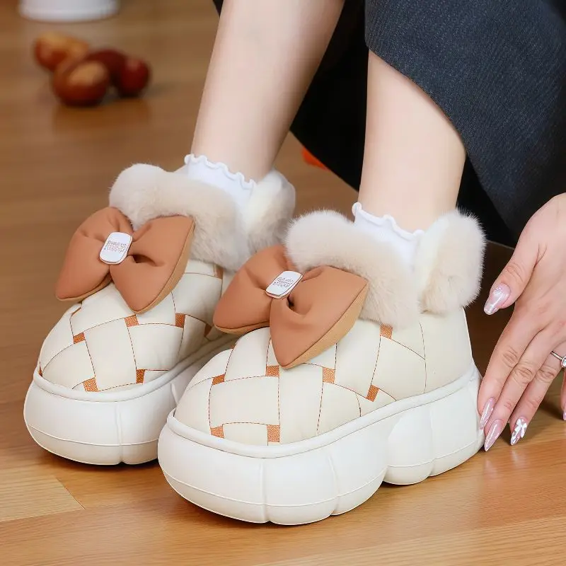 

New leatherette waterproof slippers woman winter warm plush shoes ladies platform slip on boot slipper bow furry collar shoes