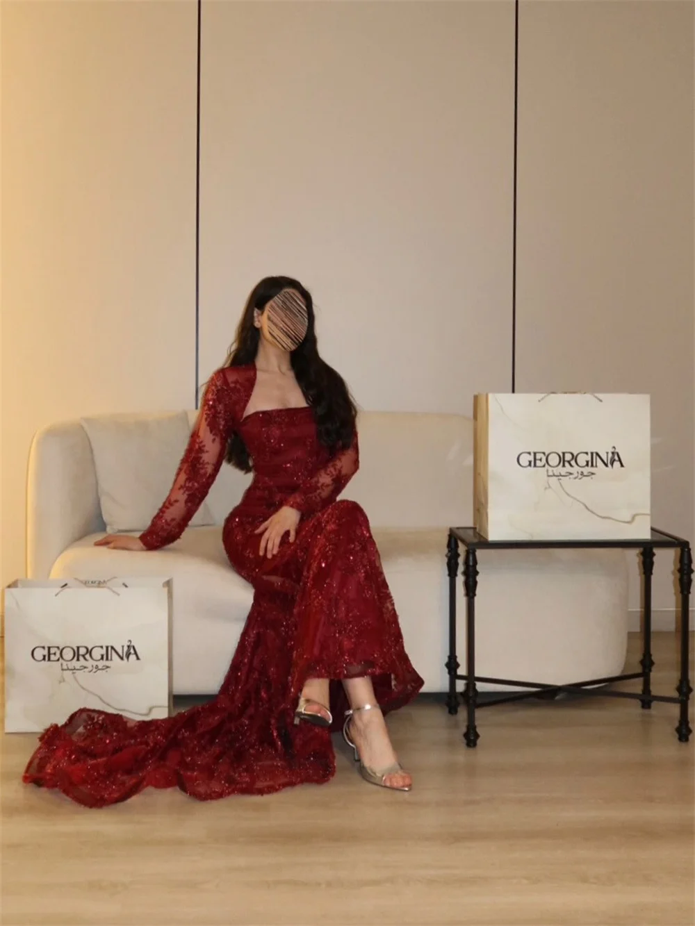Bella Long Sleeve Sequin Burgundy Red Mermaid Gown Wedding Guest Square Neck Sparkly Maxi Dress With Train Formal Party Prom