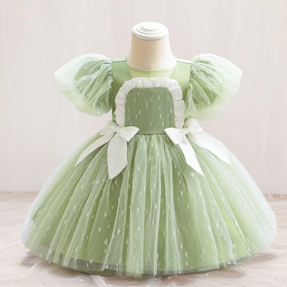 

Summer Green 1st Birthday Dress For Baby Girl Clothes Ceremony Bow Princess Dress Baptism Girls Dresses Puff Sleeve Party Gown