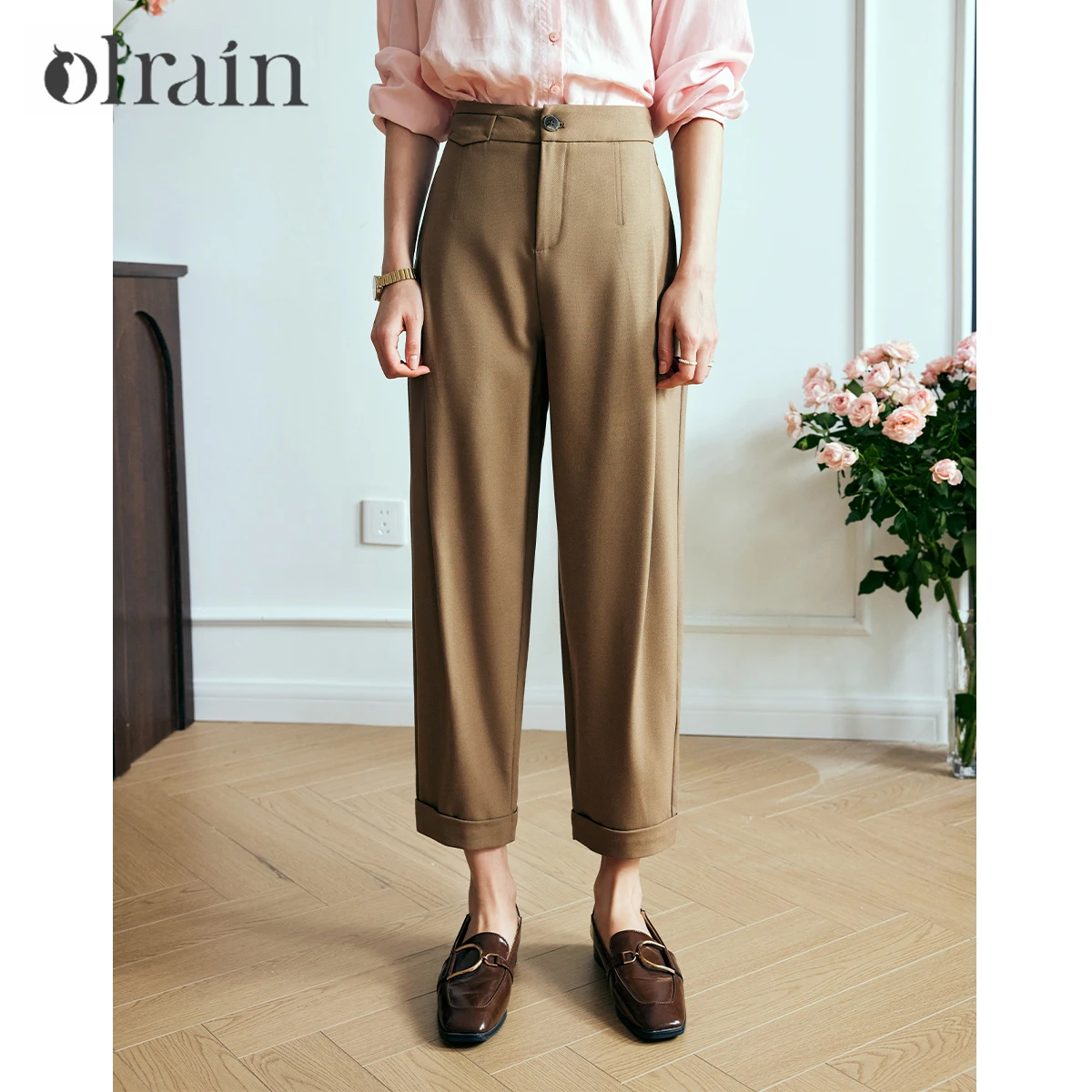 OLrain Women's Pleated Trousers Commuting High Waist Anke-Length Pants Autumn 2026 Casual Loose Pockets Ladies Pants O23QK65126