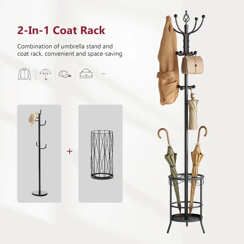 Coat Rack Stand with Umbrella Holder, Free standing Coat Hanger Stand with Umbrella Stand