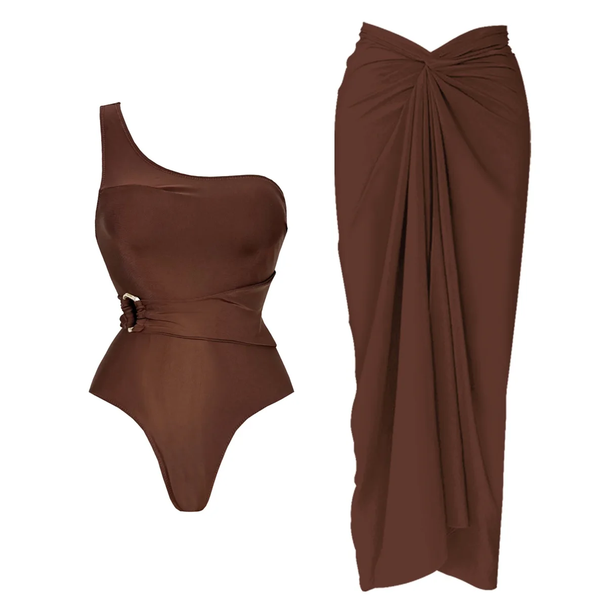 2Pcs One Shoulder Swimsuit With Long Skirt Women Sexy Bikinis Female Bandeau Biquini Belt Swimwear Button Bathingsuit Beachwear