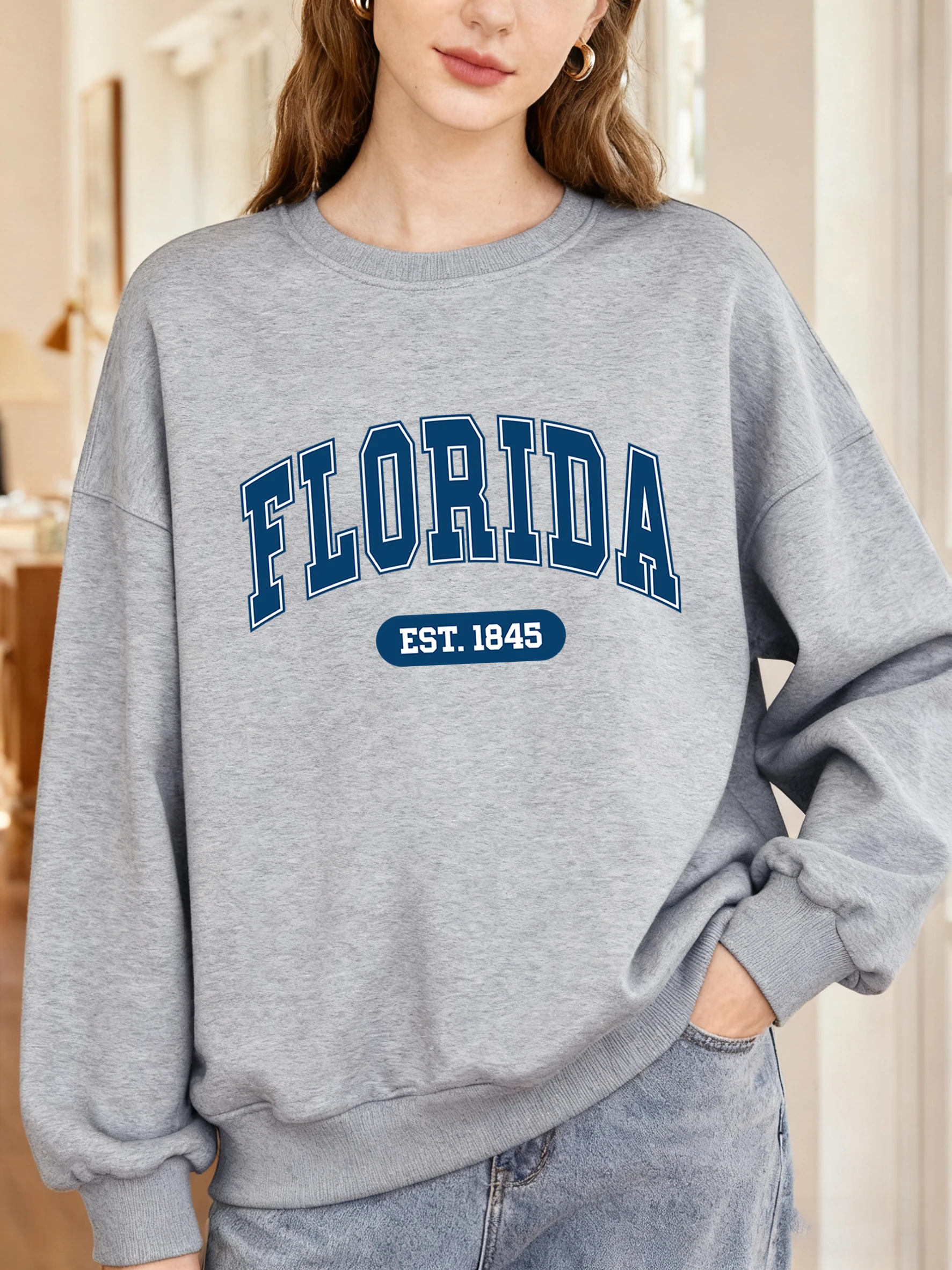 플로리다 에스트 1845 레터 크리에이티브 패턴 스웨트셔츠 크루넥 올매치 풀오버 오버사이즈 여성 스포츠웨어 가을 여성 의류