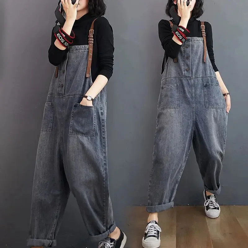 

New Women's Denim Overalls Spring Jeans Loose Large Size Fashion Female Denim Overalls High Waist Cowboy Nine-quarter Pants