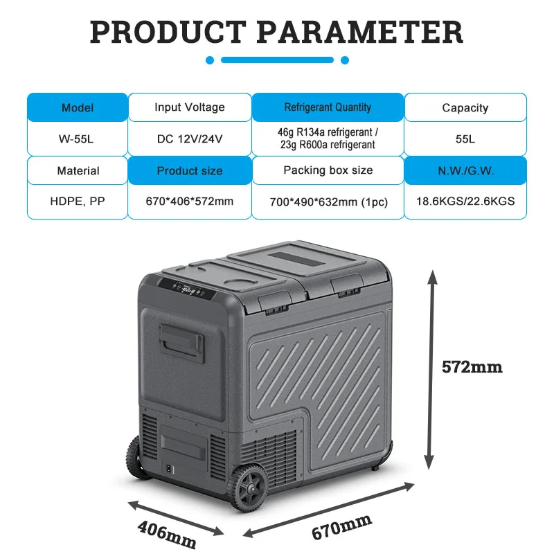 55L Large Portable Wheeled Car Freezer DC 12V 24V Dual Zone Compressor Car Refrigerator for Car RV Truck Boat Travel