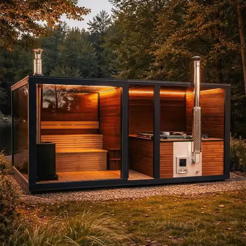 Beautiful outdoor square sauna with full view for 4 people Modern garden sauna with Bluetooth music spa cabin
