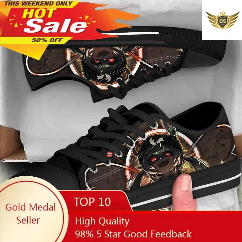 Women Genshin Impact Vulcanize Sneaker  New Anime Black Low Top Canvas Shoe For Girl Game Klee Designer Shoes