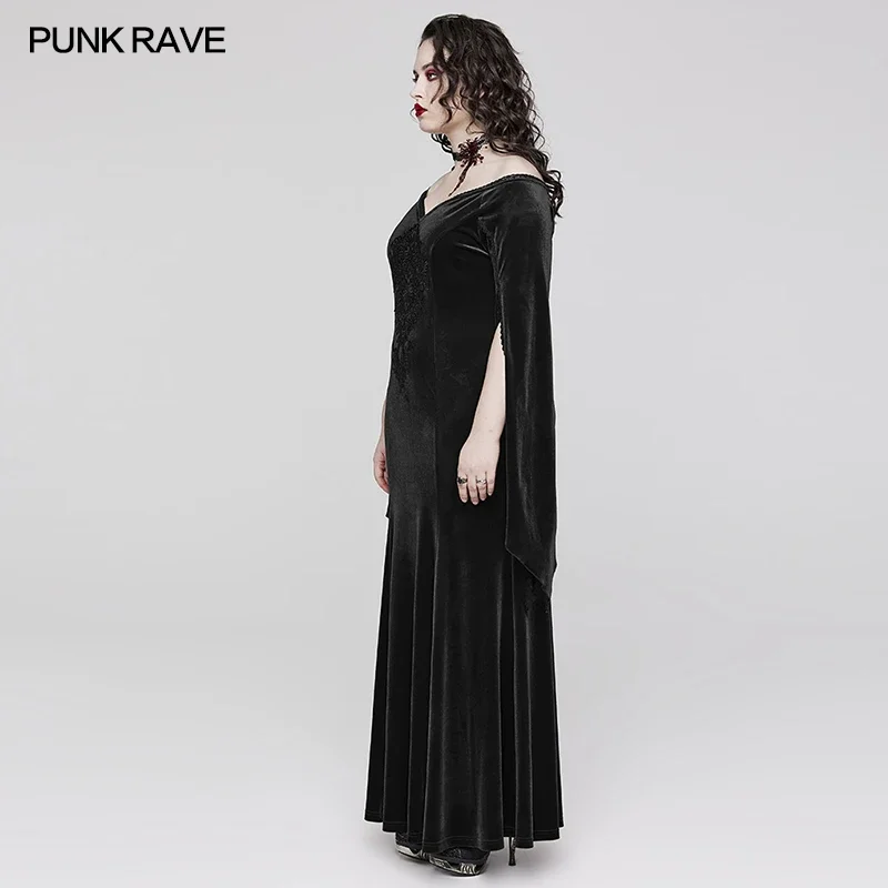 PUNK RAVE-Vestido Gótico com Decote V Feminino, Decalque Grande, Manga Comprida, Veludo Elástico, Lindo, Festa, Clube, Outono, Inverno