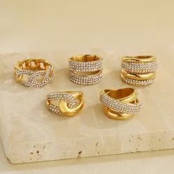 New Shiny Zircon Geometry Chunky Rings For Women Men Gold Color Stainless Steel Knuckle Aillons Mujer Fashion Luxury Jewelry Gif