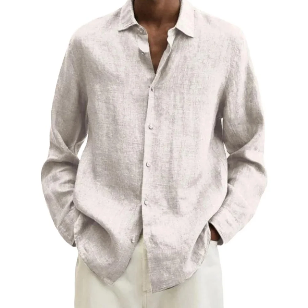 

Mens Casual Shirts Long Sleeve Linen Blouse Turn Down Collar Tops Soft Shirts Loose Single-Breasted Solid Color Multi-Color