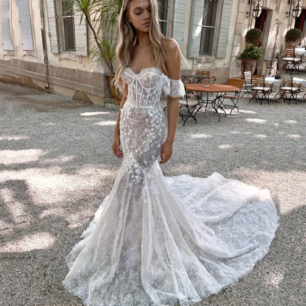 ชุดแต่งงานโบโฮลูกไม้แบบสั่งตัด ชุดเจ้าสาวทรงเมอร์เมดเปิดไหล่ ดีไซน์ซีทรูแบบหวาน ชุดเจ้าสาว vestido de novia