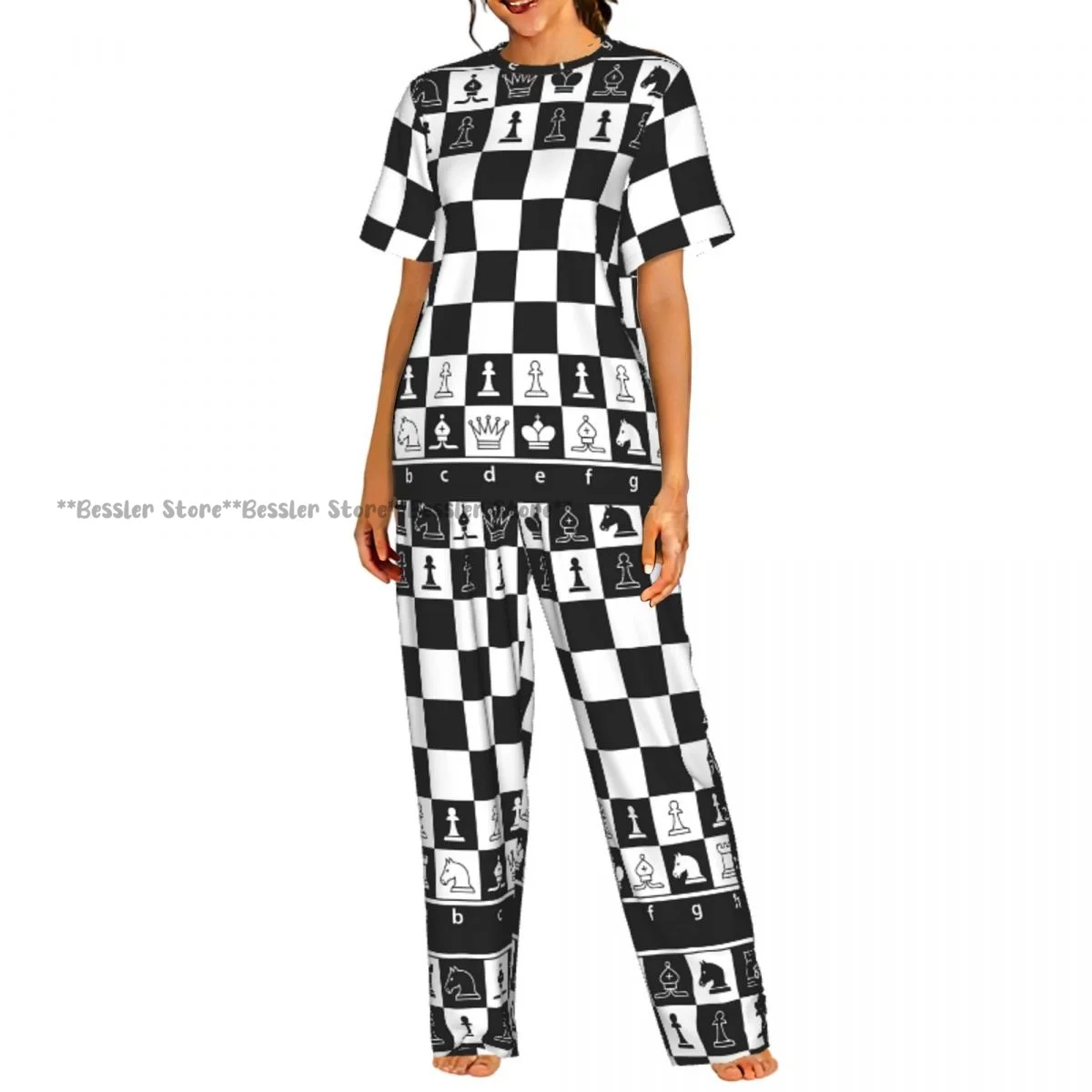 Women's Pajamas Set Black And White Chess Board Short Sleeve Sleepwear 2 Piece Homewear Loungewear