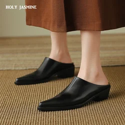 2023 New Ladies Genuine Leather Mules Fashion High Heel Chunky Heels Summer Slippers Women Casual Office Black Brown Shoes Woman