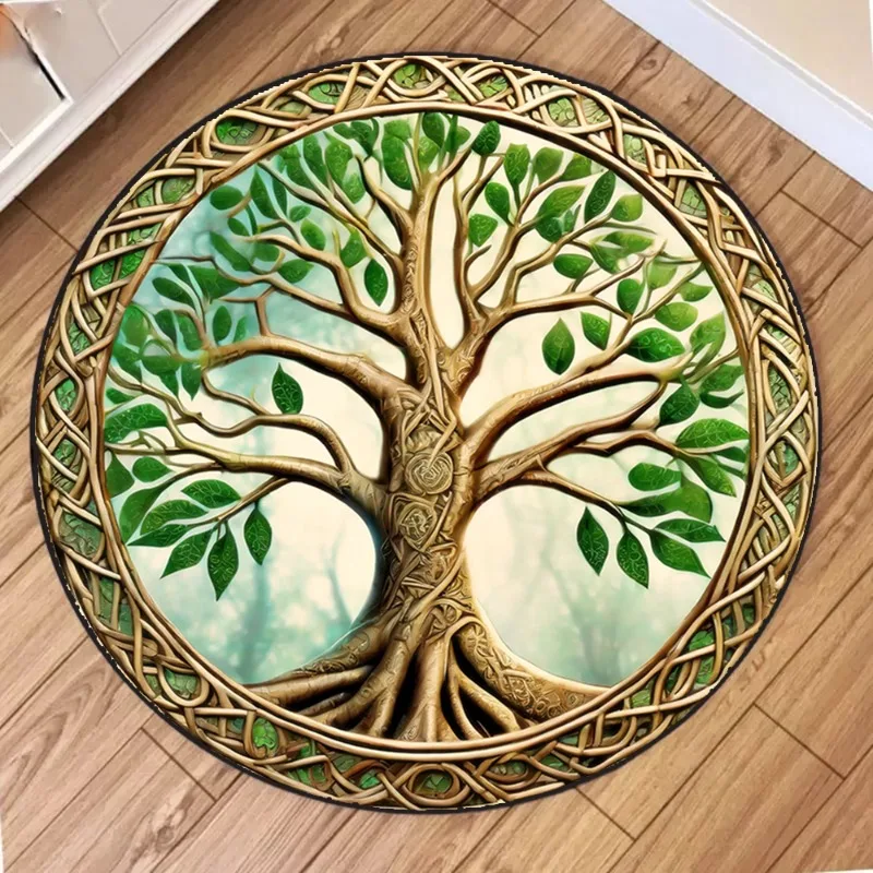 Baum des Lebens, runder Teppich, Retro-Heimdekoration, Kreisteppich, weiche, rutschfeste Bodenmatte für Wohnzimmer, Schlafzimmer, Yoga, Meditation, Raumdekoration