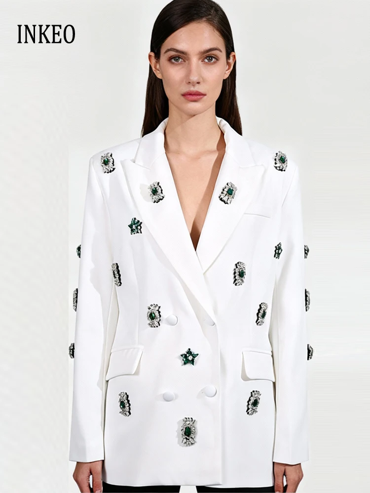 

Women Rhinestone beading blazer Luxury 2026 Spring Autumn Loose Double breasted jacket Elegant Ladies outwear INKEO 6O004