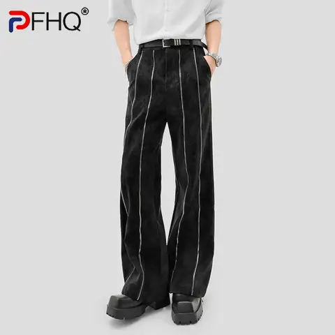 PFHQ Men Metal Zipper Stitch Line Straight PU Leather Pants Niche Design Vertical Striped Male Versatile Casual Trousers 21P5397