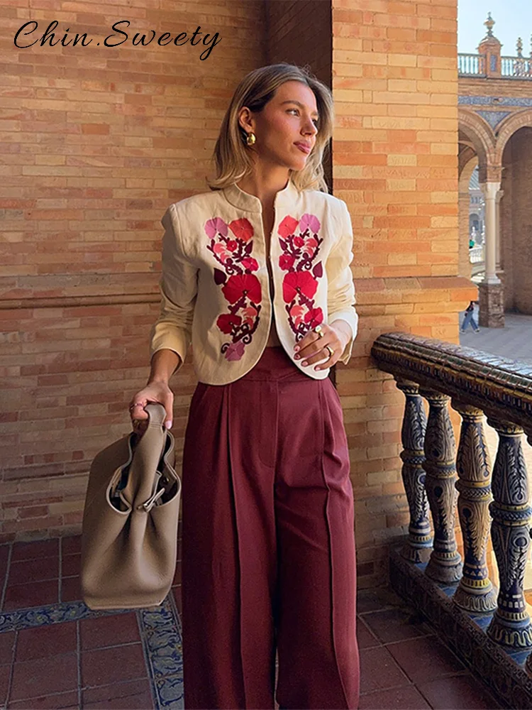 

Vintage Flower Short Jackets Women Loose O-neck Full Sleeve Single Breasted Coat 2025 Spring Summer Lady High Streetwears New