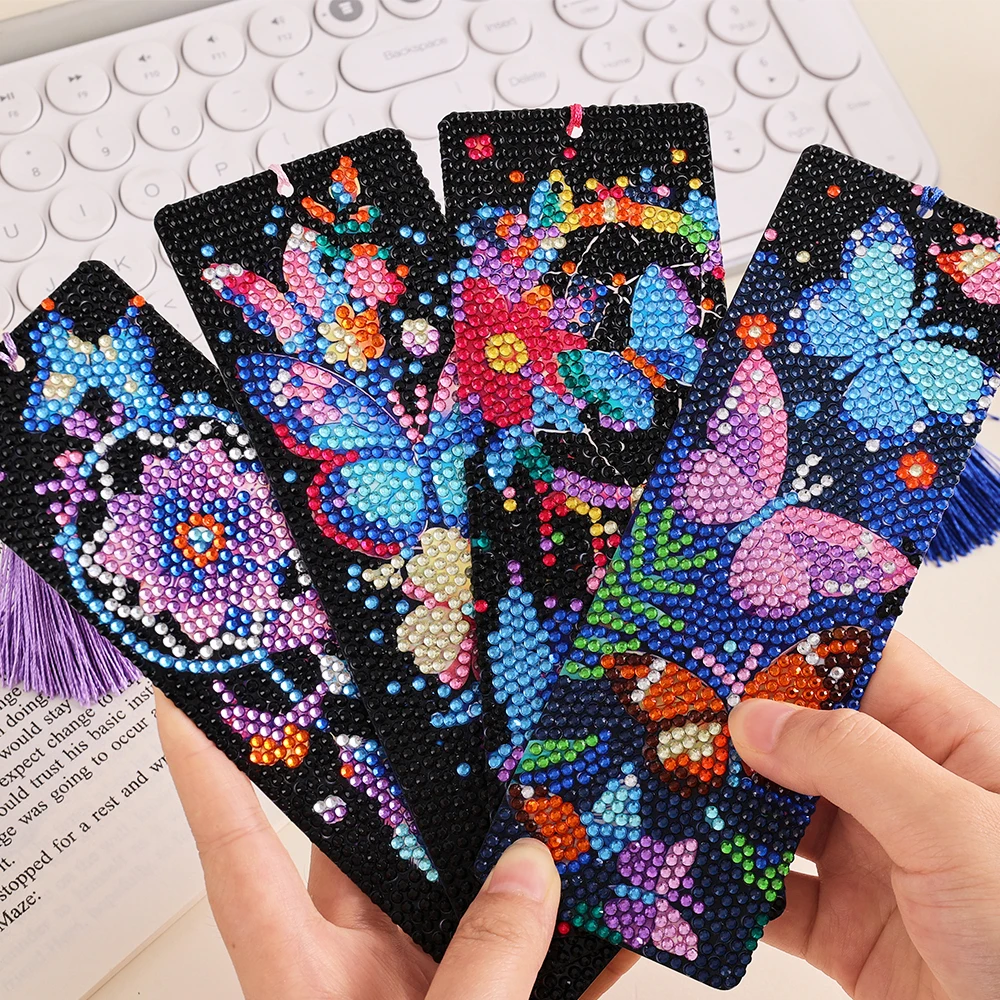 4 Pcs Diamond Bookmark Set Butterfly Flower Bookmark With Colored Tassels PET Single-sided Sticker Bookmark Planner Accessories