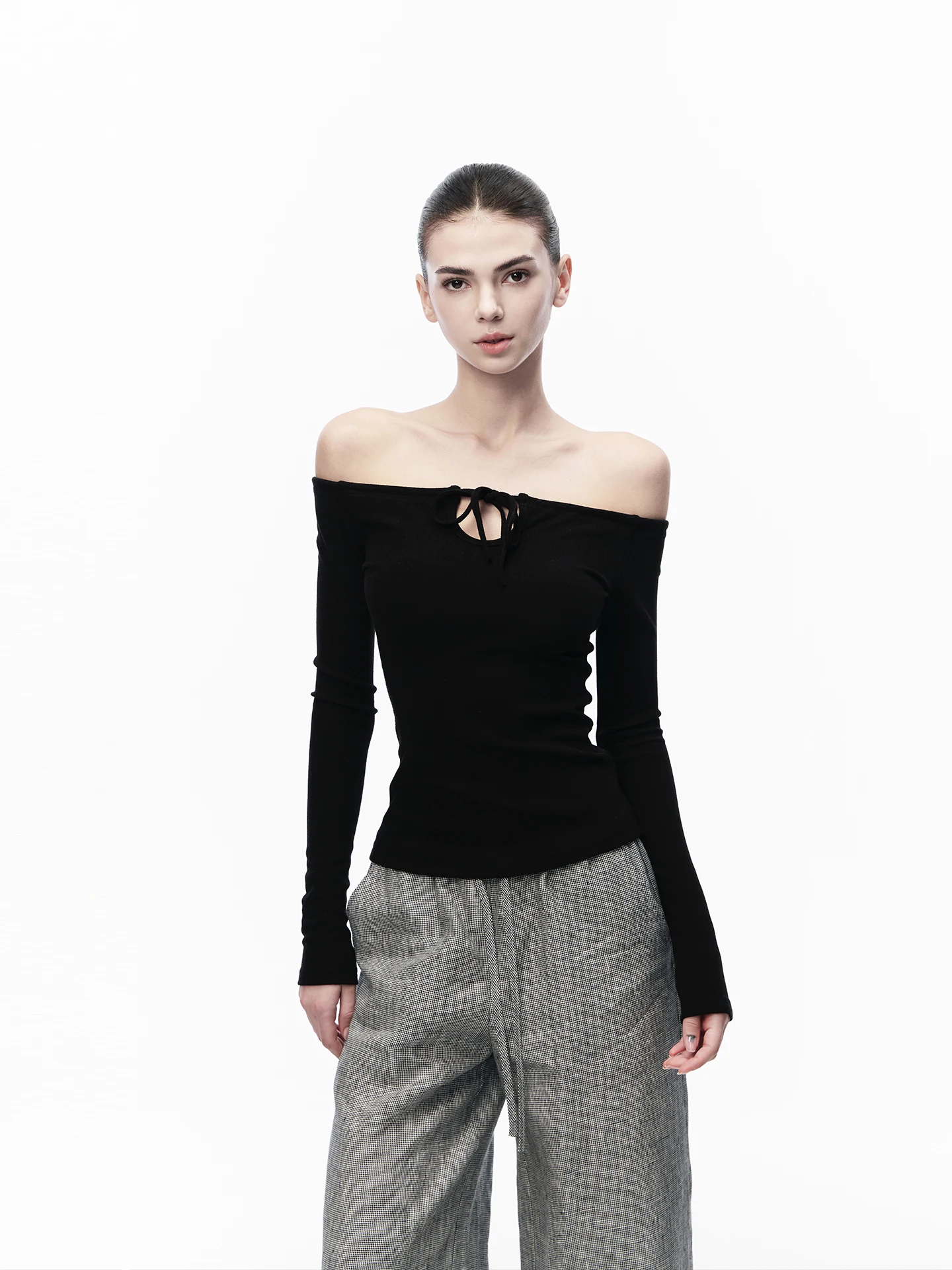 JLAUNT Black One-Shoulder Long Sleeve T-Shirt Women's Slim Fit American Hot Girl Summer High-End Sensation Shoulder Baring Top
