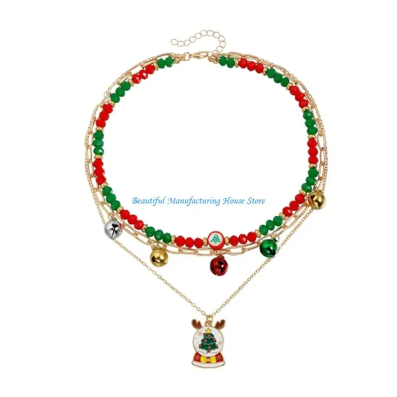 

E56A Modern Christmas Necklace Tree Charm Bells Pendant And Stackable Collarbone Chain For Holiday Accessories