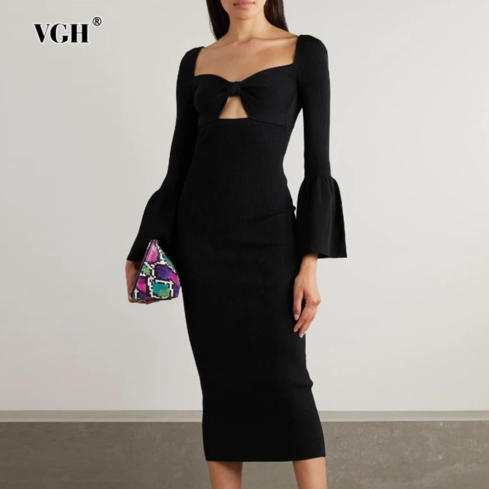 

VGH Frensh Style Temperament Slimming Dresses For Women Square Collar Long Sleeve High Waist Chic Dinner Dress Female Fashion