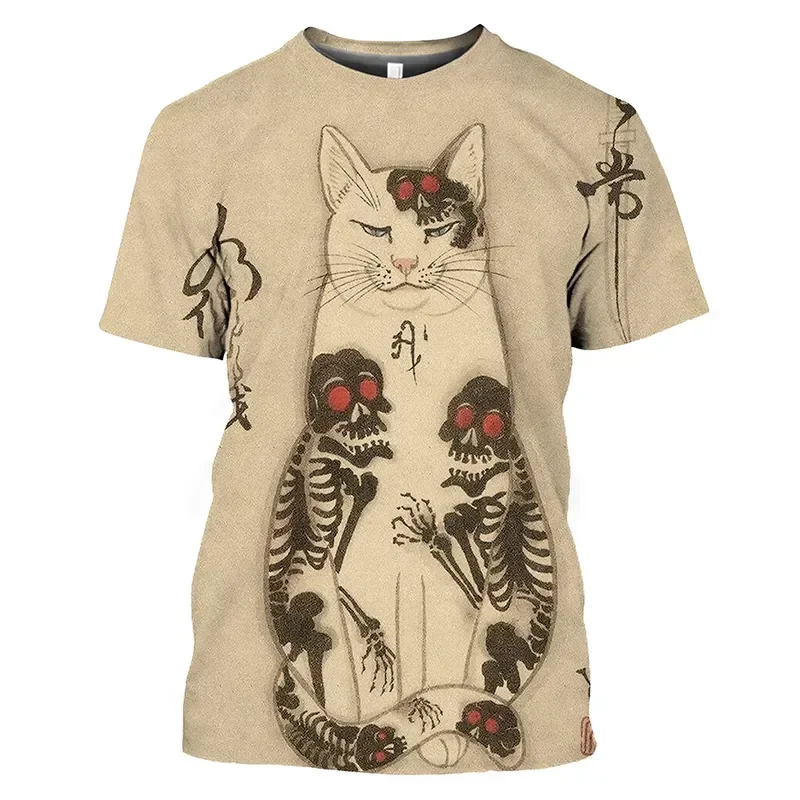 2026 Japanese Samurai Cat 3D Printed Casual Summer T Shirt for Men Vintage Style Oversized O Neck Fun Hip Hop Loose Fit