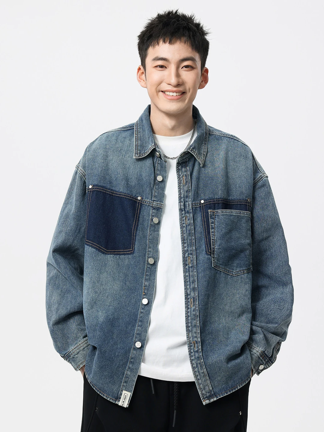 American Style Loose Men's Workwear Jacket Autumn Winter Trendy Large Size Design Sense Denim Shirt Pure Color Handsome Coat