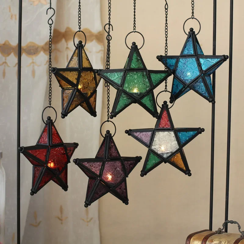 Antique Iron Art Stained Glass Wind Lamp Candle Holder Pentagonal Windproof Candlestick Morocco Bar Decoration Star Candlestick
